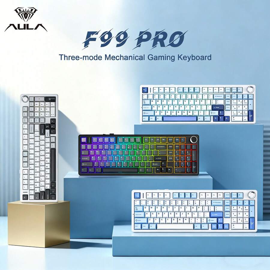 AULA F99 Pro 无线机械键盘，带旋钮，三模蓝牙5.0/USB-C/2.4GHz，垫片式安装，手感柔滑，RGB背光，支持热插拔，PBT键帽，PC游戏键盘