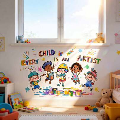 Hình dán tường tự dính họa tiết hoạt hình Doodle Party bằng bút chì màu nước dành cho phòng trẻ em, phòng ngủ trẻ sơ sinh, trang trí nghệ thuật bằng giấy.