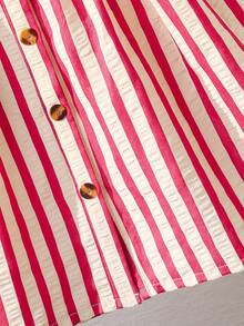 Young Girl' Summer Fresh & Energetic Red & White Striped Ruffle Collar Bow Tie Dress, Retro Cute Style, Suitable For Amusement Park, Theme Party, Vacation, Gathering And Other Occasions - Red - View 5