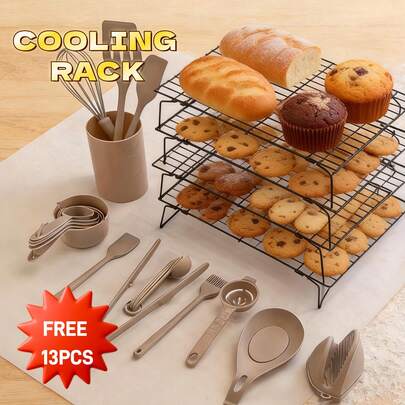 4-Piece Folding Cooling Rack, Including 13 Silicone Baking Tool Sets, Including Silicone Baking Supplies, Kitchen Tool Sets, Baking Accessories, Including Measuring Cups And Measuring Spoons, Egg Extractors, Egg Filters, Scrapers, Anti-Hot Gloves, Food Clips, Silicone Shovels, Storage Buckets, Etc. It Is Suitable For Kitchen, Baking, Making Cakes, Cookies, Cookies, Holiday Parties And Gift-Giving Scenes.