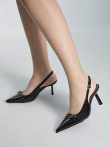 Giày cao gót mũi nhọn có khóa cài dành cho nữ, kiểu dáng thời trang, thích hợp mang hàng ngày. - màu đen - Xem 2