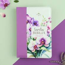 Biblia Con Cierre Para Mujer Portatil Letra Grande 12 Puntos RV1960, Imit Piel Floral Lila Orquidea Con Indice Y Canto Floral - Single Book - View 2
