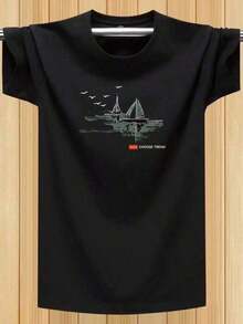 Camiseta Estampada Moda Unissex Barcos À Vela Com Pássaros 100% Algodão - Preto - Visão 3