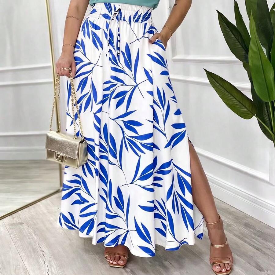 Long, Printed Viscose Skirt, Lined, High Waist With Pockets And Side Slits. - White With Royal Blue - View 1
