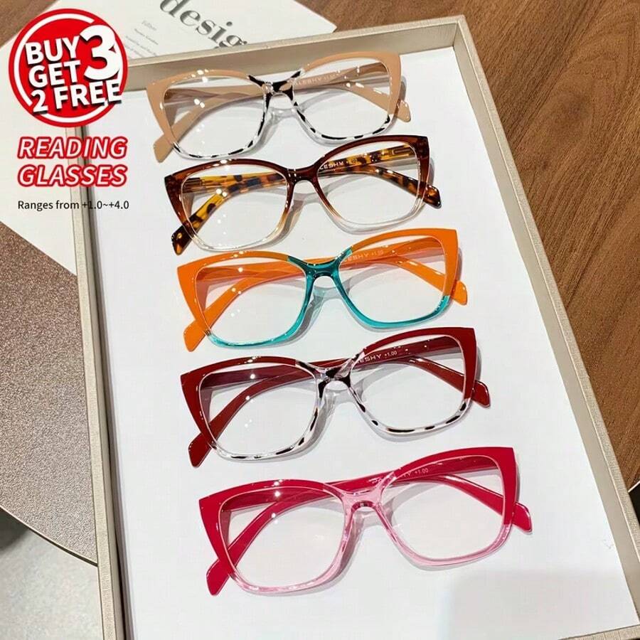 5 Pairs Women's Cat-Eye Reading Glasses, Y2K Fashion Reading Glasses, Dopamine Color Matching, Classic Solid Colors And Unique Leopard Print Patterns, Suitable For All Seasons. Stylish Computer Reading Glasses With Clear Magnification Of +1.0 To +4.0 Degrees, Easily Adapt To Daily Casual And Formal Occasions, And Long-Term Wear Does Not Cause Pressure. They Are Ideal For Reading, Office, And Other Scenes. Add A Touch Of Color To Your Autumn And Winter Outfits. - Nhiều màu - Xem 1
