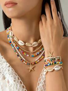 1 Set Fashionable Bohemian Style Holiday Shell Beaded Woven Necklace & Bracelet, Paired With Starfish Pendant And Polymer Clay Bead Combination Jewelry, Suitable For Women's Daily Wear - Multicolor - View 11