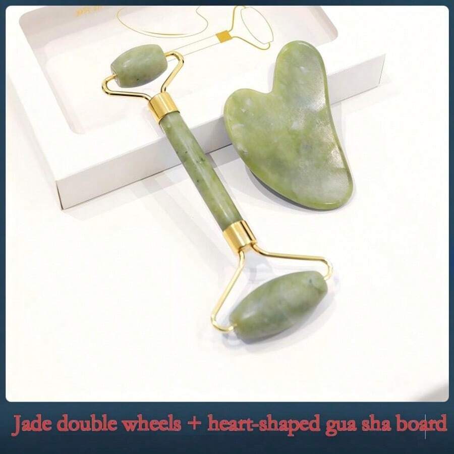 Conjunto de Acessórios com Rolo de Massagem de Jade Verde Claro e Raspador de Chifre de Boi Gua Sha