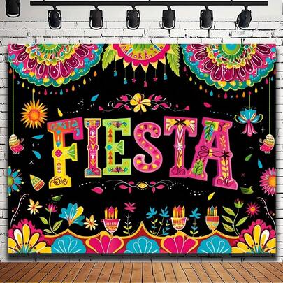 1件生动的墨西哥派对背景布 - 带有彩色吉他、仙人掌和墨西哥帽设计，非常适合派对、学校、酒吧、花园和摄影工作室装饰，易于安装，无需电源，派对背景 | 节日装饰 | 布料，各种款式和尺寸的墨西哥装饰。