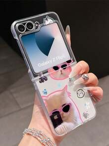 1pc Fashion Simple Matte PC Material Simple Cute Cat Element Folding Phone Case, Can Protect And Prevent Falling For: SamsungGalaxy Zflip 3/Zflip 4/Zflip 5/Zflip 6/Zflip 7/ Find N3 Flip/ Razr 50 Ultra/ Razr 60 Ultra/ 60/ Razr 50/XiaomiMIX Flip/Galaxy Z Flip7 FE - Clear - View 9