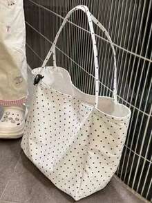 1个白色底黑色波点印花+开口装饰棉帆布材质单肩大容量开口简约清新手提包，适合春夏通勤、上学、休闲、送给女朋友/学生 - 白色 - 查看 1