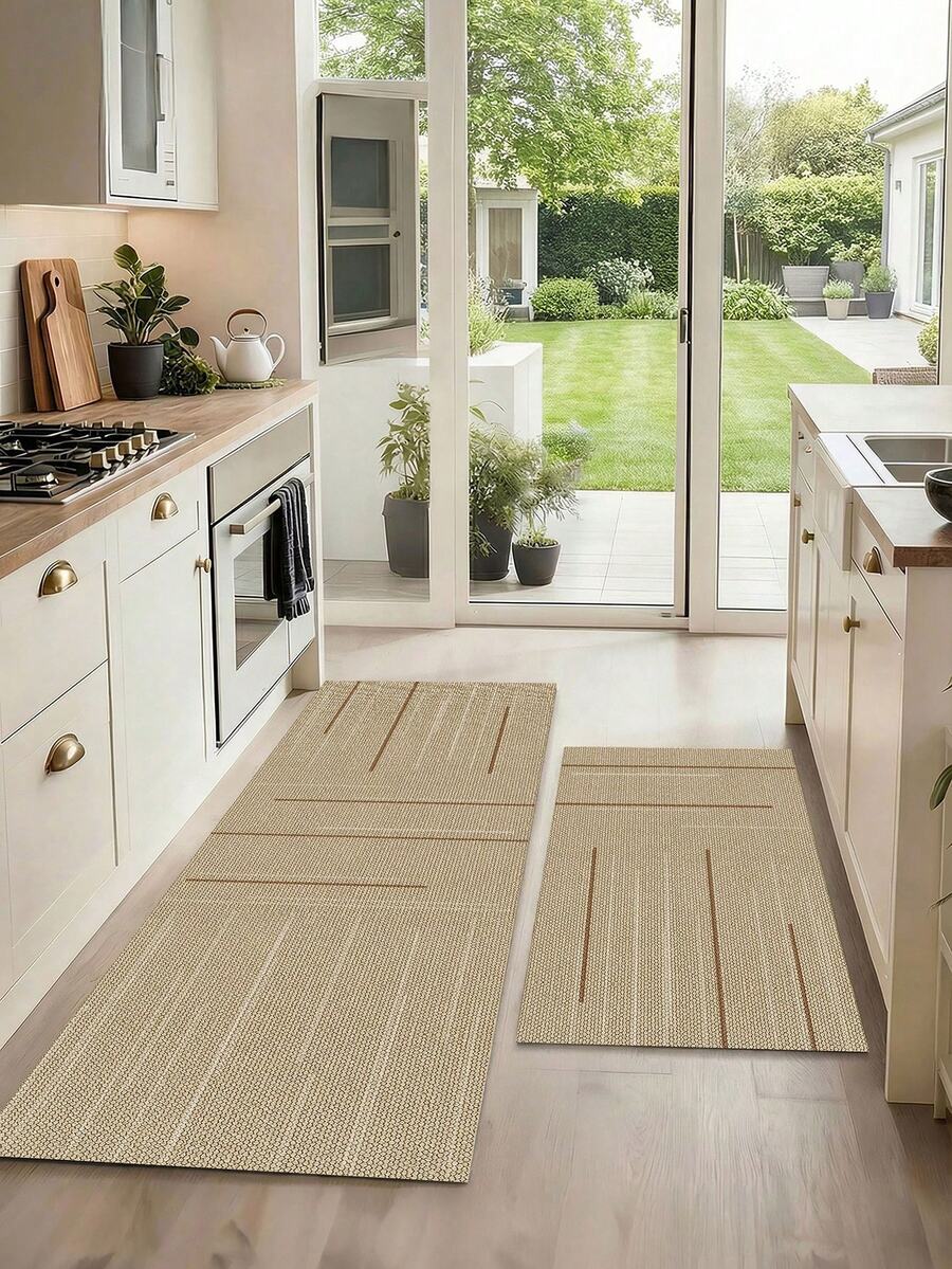 Beige Minimalist Style Printed Kitchen Rug, Suitable For Kitchen, Living Room, Anti-Slip Bathroom Mat, Bedroom, Indoor/Outdoor, Office, Lobby, Doormat, Area Rug, Holiday Decor, Hallway, Study And Gaming Area - Camel - View 1
