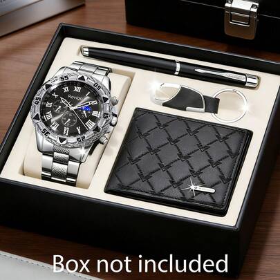 4 PIEZAS Juego de regalo de negocios de lujo para hombres de temporada de bodas, perteneciente a una colección de accesorios de reloj para hombres, incluye un reloj de lujo multifuncional para hombres, un bolígrafo para hombres, una billetera con relieve y un llavero. La correa de metal plateado combinada con los números romanos irradia un estilo tranquilo y digno, reflejando un gusto de élite.