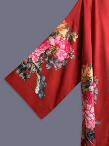 Áo khoác kimono tay lửng kiểu Nhật in họa tiết hoa hồng, mỏng nhẹ, thích hợp mặc đi dự tiệc/dạo phố, đi biển/nghỉ dưỡng, áo choàng nhẹ có thắt lưng, thích hợp mặc mùa xuân. - Đỏ - Xem 5