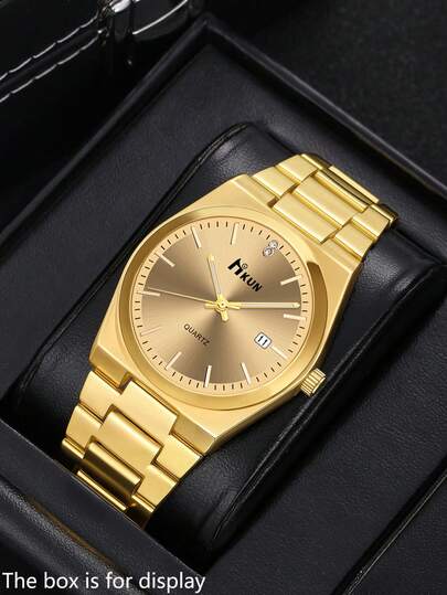 1枚极简商务石英表，男士钢带日历腕表，奢华复古方形表盘（金/银/蓝/绿等多种颜色可选），日常佩戴、节日、派对、生日和周年纪念日的完美礼物