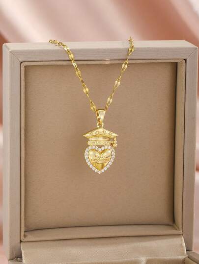 1pc 2026 Fashionable Personalized Golden Heart & Square Zirconia Pendant Necklace, Stainless Steel Graduation Gift Suitable For Women, Men, Students, Friends, Daughters, Sons, Family, Graduates
