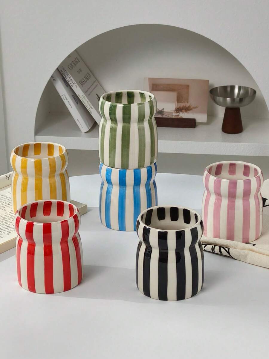 Cabin Kangaroo 1 chiếc cốc sứ kẻ sọc vẽ tay kiểu Ins, cốc cà phê thiết kế độc đáo, cốc ăn sáng gia đình, cốc đựng cọ trang điểm cao cấp.