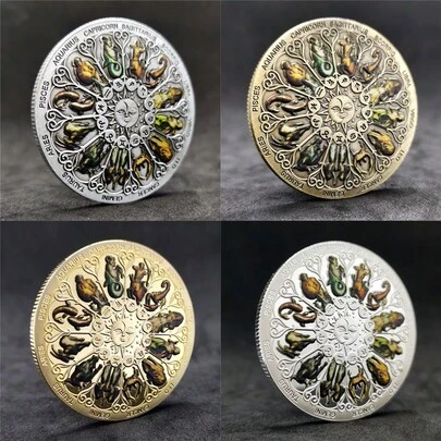 12-Piece Set Of 12 Zodiac Sign Commemorative Coins, Lucky Tarot Wishing Coins With 3D Embossed Colorful Printing, Metal Stress Relief Toys, Vintage Sun God Moon Zodiac Coins, Ideal Birthday/Holiday Gift And Collection