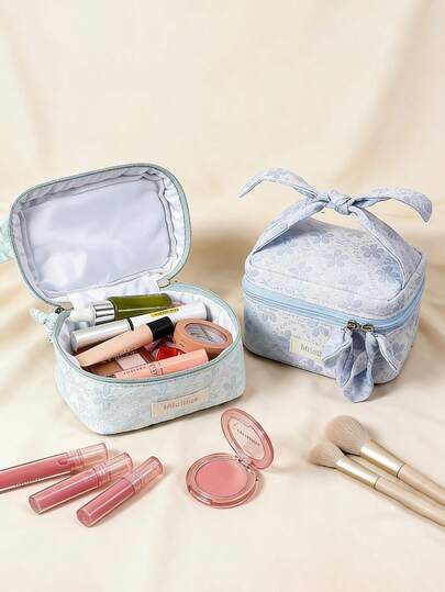 Ditsy Floral Handheld Cosmetic Bag, Large Capacity, Girly Travel Makeup Organizer, Portable Toiletry Bag, Dorm Desk Makeup Storage Box, Sweet Travel Bag, Commute Makeup Pouch, Soft Girl Makeup Organizer