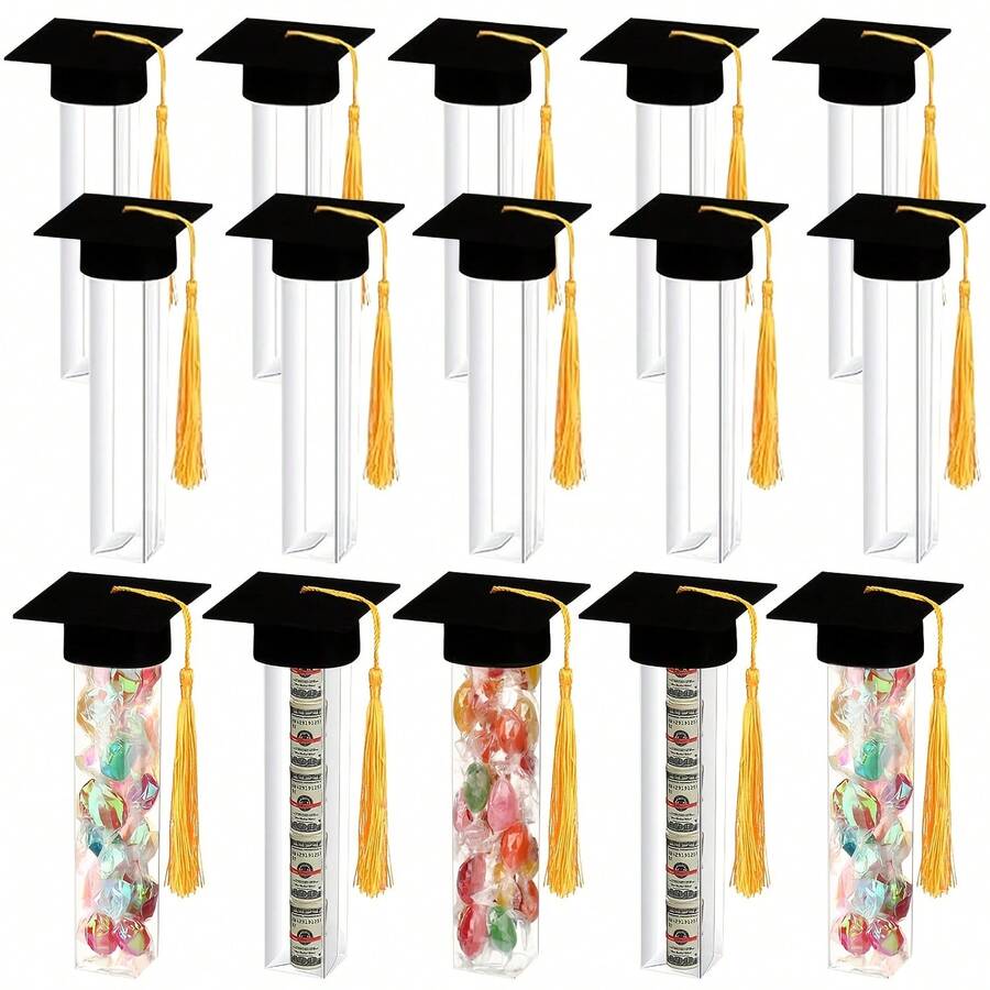32/24/12 piezas Cajas de regalo para dulces de temporada de graduación, cajas de regalo con mini gorro de graduación para estudiantes en fiestas de graduación, cajas de dulces de PVC transparente, cajas de embalaje con gorro y borla, para eventos de celebración de graduación - Caja de regalo con birrete de graduación - Ver 1