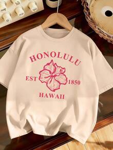 2pcs Girls Casual Set, Loose Round Neck Top + Loose Sports Shorts, Printed With "HONOLULU HAWAII" Slogan And Hibiscus Flower Pattern, "Est.1850" Retro Element, Casual Comfortable Fit, Suitable For Beach Vacation, Daily Casual Wear, Summer - Multicolor - View 5