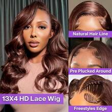 HJ WEAVE BEAUTY #4 Chocolate Brown Body Wave Bob 13x4 HD Lace Front Wig, Brazilian Human Hair, Dark Brown, Pre-Plucked Hairline, Transparent Lace, 200% Density - S4 - 查看 4