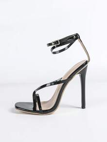 女士时尚高跟凉鞋，PU皮革绑带，T字带，人字拖，夜店风，搭扣，交叉绑带，派对，细绑带，裸色绑带，平绑带，踝带，经典方头凉鞋，夏季，户外，常规款，女士黑色凉鞋，高跟凉鞋，漆皮鞋跟，细跟 - 黑色 - 查看 8