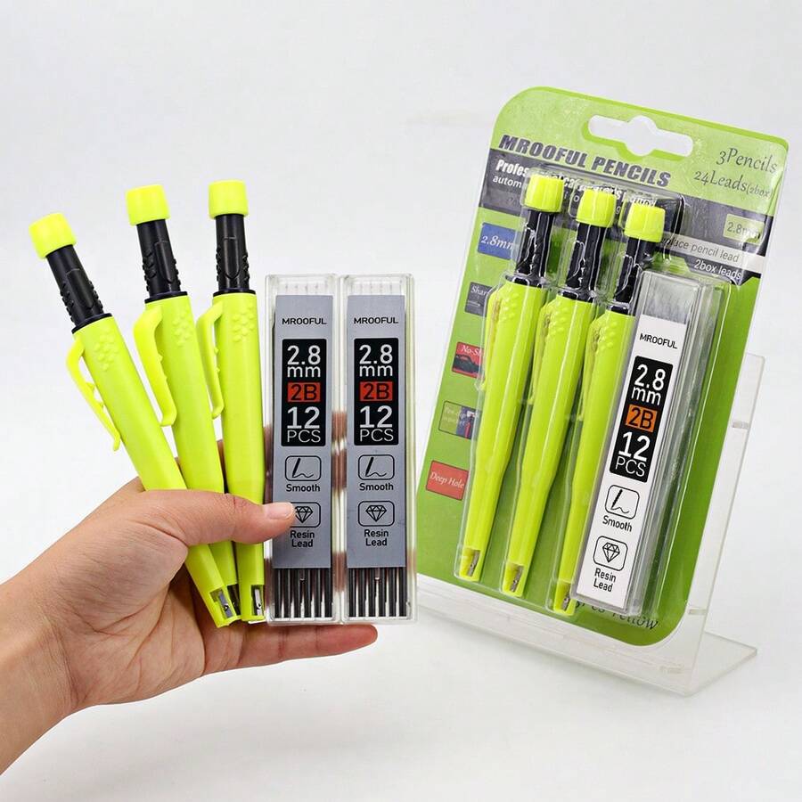 1 Box Of Lead/1 Set Of Woodworking Pencils, Solid Color 2.8 Mechanical Construction Pencils, Built-In Pencil Sharpener Design, Anti Roll Pen Clip, Large Capacity Pen Core That Is Not Easy To Break, Marking Pen, Automatic Pencil - Sets - View 1