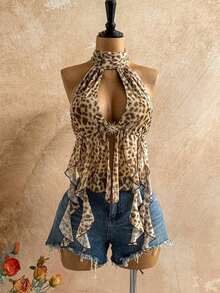 Women's Vacation Leopard Print Scarf Backless Bow Tie Strap Flowy Hem Blouse, Suitable Beach, Seaside, Date, Holiday, Afternoon Tea, Wedding Season, Cruise, Road Trip, Boho Vacation, Music Festival, Hippie, Western Style, Can Be Worn Inside Or Outside, All Season Leopard Top Bohemian Top Cheetah Top Scarf Top Animal Print Top - Màu Khaki - Xem 2