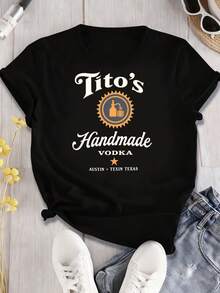 Ladies' Fashionable Casual T-Shirt Payeah 1Pcs Tito Shirt Tito'S Handmade Vodka Digital Print Women's 100% Cotton Short-Sleeved T-Shirt 220g Fun Printed Round Neck Short Sleeved Women's T-Shirt, Suitable For: Sports Events/Holiday Parties/Outings/Sports And Other Holiday Gifts - 黑色 - 查看 4