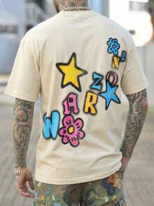 FRACTYR Men's Graphic Tee, Casual Street Style, Loose Fit Round Neck Pattern T-Shirt, Summer - Apricot - View 5