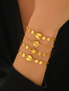 1件铜镀金心形、星星和花朵吊坠手链，女士派对及日常配饰，节日礼物 - 金黃色 - 查看 1