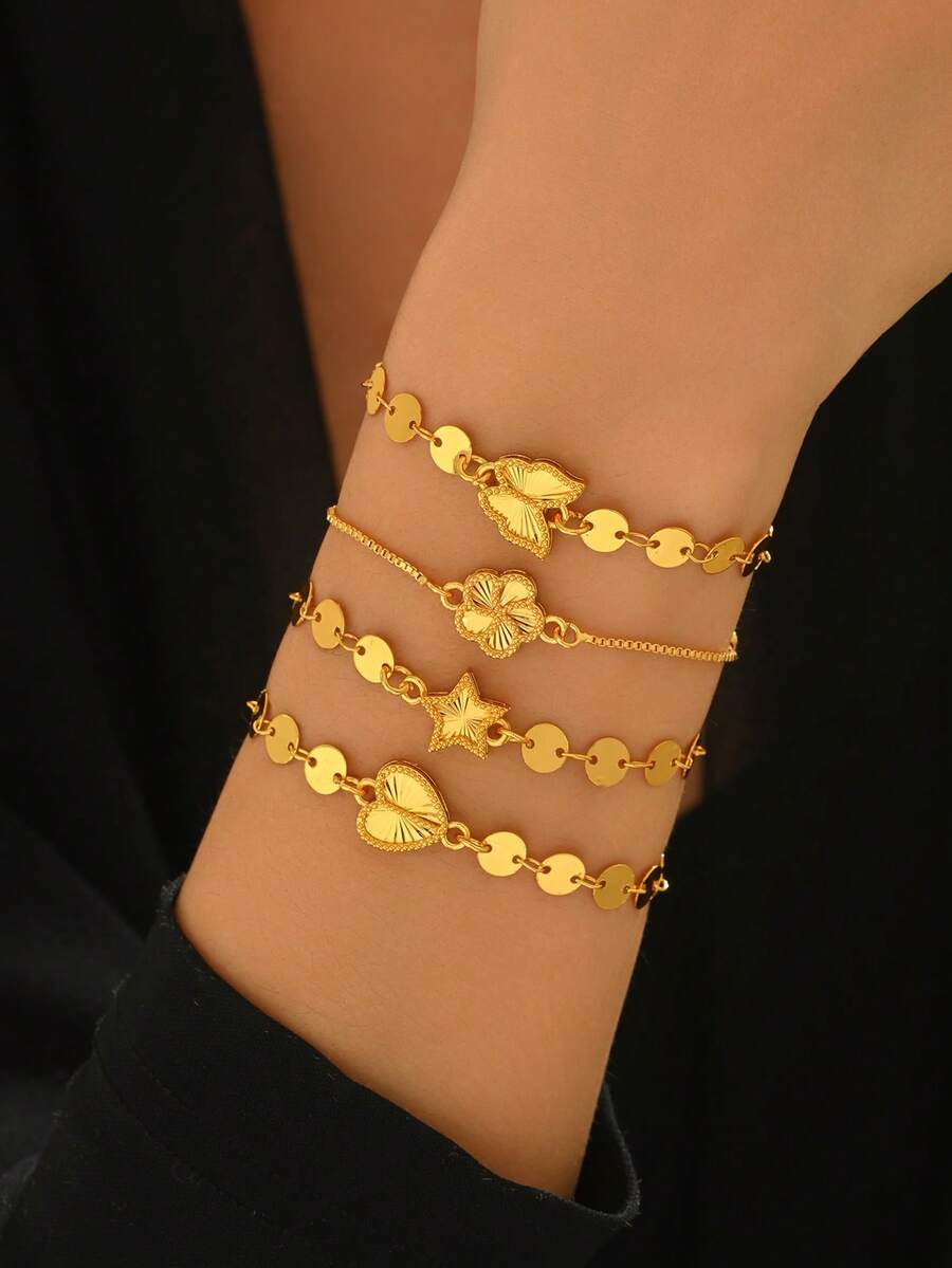 1件铜镀金心形、星星和花朵吊坠手链，女士派对及日常配饰，节日礼物 - 金黃色 - 查看 1