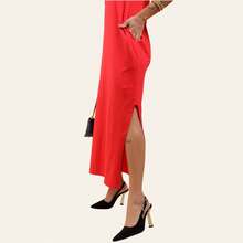 Women's Long Dress Set With Side Slit And Pockets - Red + Beige - View 4