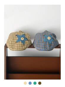 复古格子星形贴片棒球帽，女士春夏艺术百搭小号贝雷帽，画家帽 - 彩色 - 查看 1