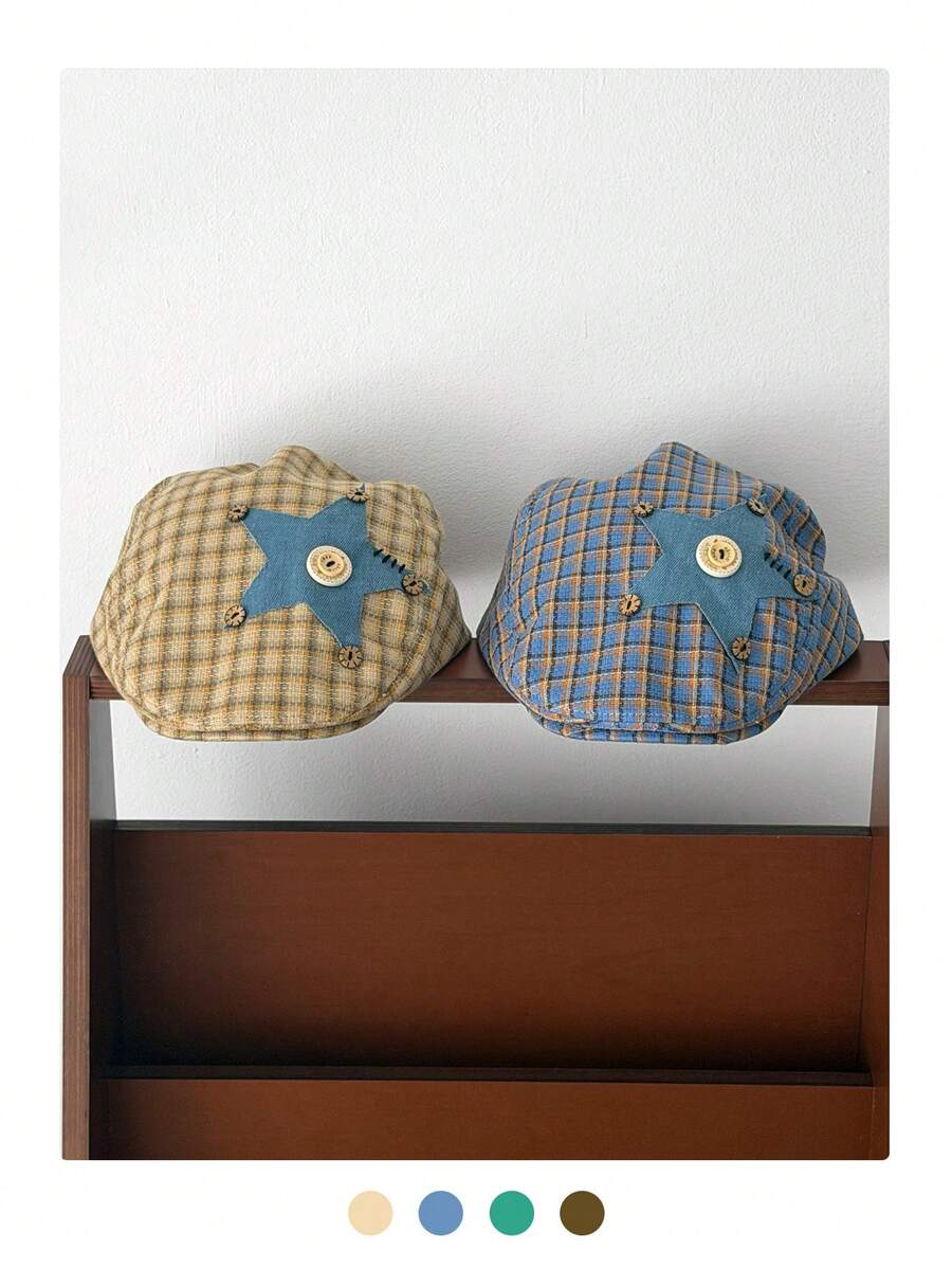 复古格子星形贴片棒球帽，女士春夏艺术百搭小号贝雷帽，画家帽 - 彩色 - 查看 1