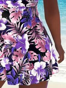 两件套女士印花吊带泳衣套装，全包覆式抹胸上衣和低腰泳裤，休闲海滩度假夏威夷风，优雅可爱，适合夏季穿着。 - 淺灰紫 - 查看 6