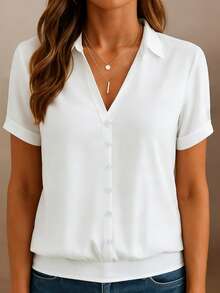 Plus Size Women's Solid Color Casual Short Sleeve T-Shirt, Polo Collar, Regular Hem White Summer - White - View 3