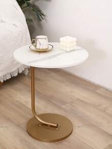 1 pieza Mesa lateral con patrón de mármol redonda, mesa de extremo de sofá minimalista moderna, mesa de café desmontable resistente al agua y a los arañazos para sala de estar, mesita de noche de dormitorio, mini mesa de café - Blanco - Ver 5