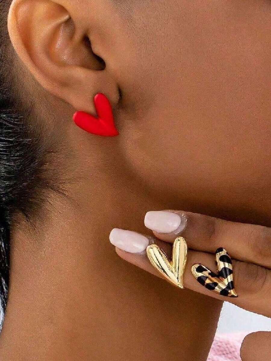 3 Pairs Fashion Personalized Metal Enamel Leopard Print & Heart Shaped Earrings Set, Suitable For Women's Parties And Various Occasions - Multicolor - View 1