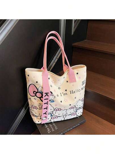 SANRIO Sac fourre-tout en canevas, sac à bandoulière mignon de dessin animé KT, sac de navette multifonctionnel grande capacité, convient pour le travail, l'école, les courses et les activités de plein air, cadeau parfait pour les amis, les meilleurs amis, les enseignants et un choix idéal pour les voyages de vacances.