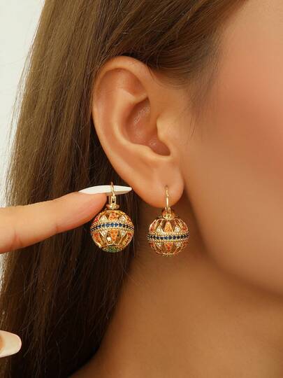 2pcs/Set Fashionable Zirconia Colorful Double-Sided Hollow Ball Decor Earrings For Women, Suitable For Daily Wear And Wedding/Party Occasions