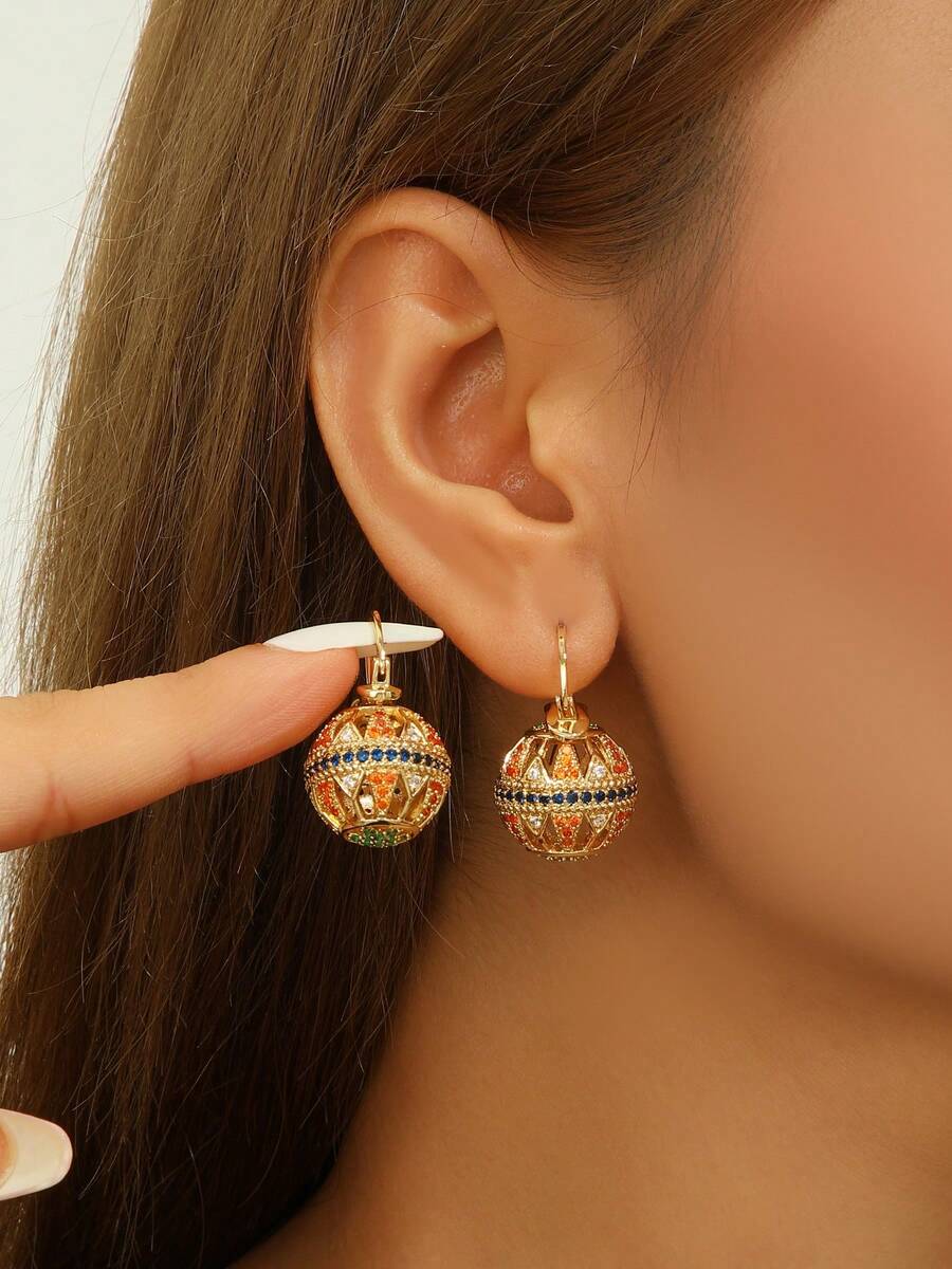 2件/套 时尚锆石彩色双面镂空球形装饰耳环，适合女性日常佩戴及婚礼/派对场合 - 彩色 - 查看 1