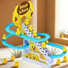 1pc Cute Automatic Electric Track Slide With Music & Lights, Yellow Duck Climbing Stairs Design, Manual Track Installation Required (2 X AA Batteries Needed) - Multicolor - View 4