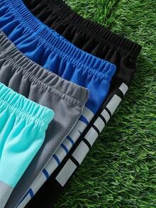 4 piezas Pantalones cortos deportivos para niños, pantalones cortos ligeros para correr al aire libre con malla estampada, adecuados para edades de 4 a 12 años - Multicolor - Ver 4