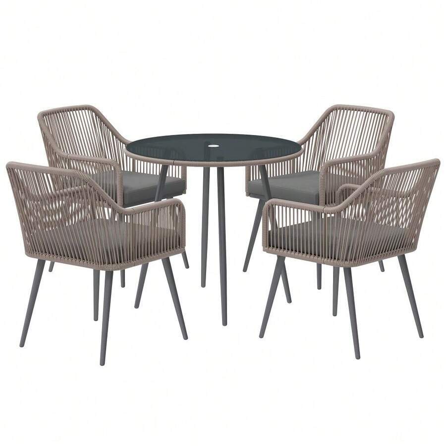 4 Seater Rattan Dining Set Rattan Garden Furniture Set With Parasol Hole Cushions Glass Top Table For Patio Balcony Light Brown - Light Brown - View 1