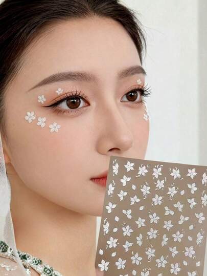 1pc Fresh White Flower Face Sticker, Spring Atmosphere Gentle White Flower Makeup Facial Decor Sticker, Hanfu Bride Makeup, Music Festival Stage Makeup, Self-Adhesive Facial Sticker