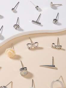 30 Pairs/Set Faux Pearl & Rhinestone Flower & Heart Minimalist Element Earrings, Elegant Daily Wear Earring Set For Women - Silver - View 4