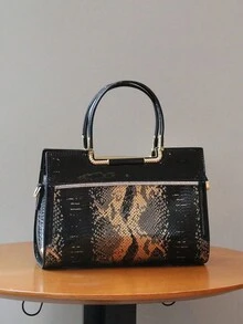 2026春夏新款亮面漆皮高端女士手提包，奢华优雅OL成熟魅力女士托特包，时尚黑金蛇纹大号包，百搭优雅单肩斜挎包，高品质礼品 - 彩色 - 查看 3