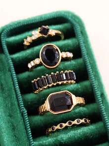 5pcs Set Fashionable Exquisite Luxury Versatile Casual Elegant Rhinestone Black Gemstone Gold Alloy Rings, Suitable For Girlfriend, Wedding Engagement - Multicolor - View 6