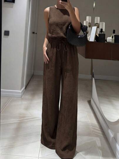 Ensemble 2 pièces pour femmes, pantalon large plissé à cordon de serrage sans manches, couleur café foncé, coupe relaxée minimaliste pour un port quotidien et les déplacements, printemps/été